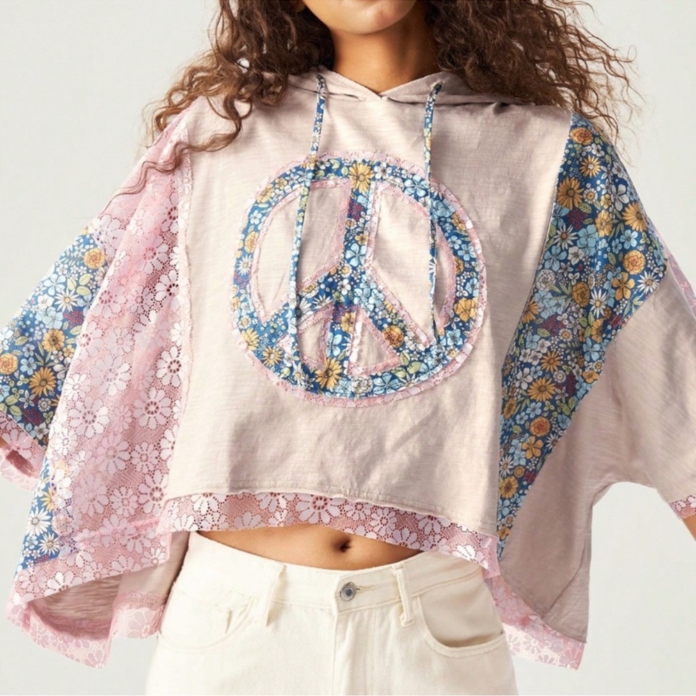 Boho Floral Print Peace Patch Lace Hoodie Top S M L XL